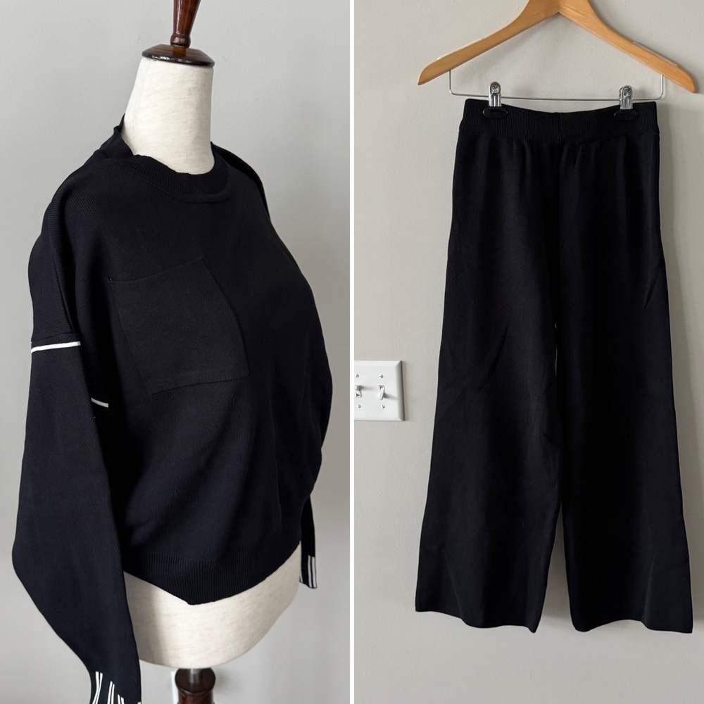 NWT! Black Sweater with Pocket and Stretch High-Rise Wide-Leg Pants Jumpsuit Set